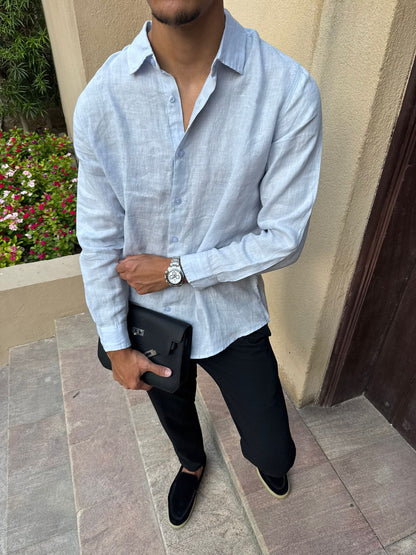Miio's 100% linen Baby Blue slim fit shirt