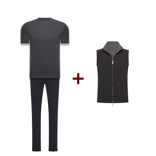 Reversible Black Bundle - Gillet + Pantalon +Dark Grey Shiny T-Shirt